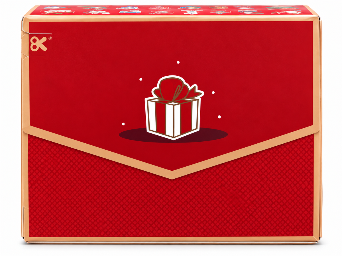 Back of POP MART Labubu Christmas fridge magnet blind box featuring festive red packaging and Christmas gift illustration.