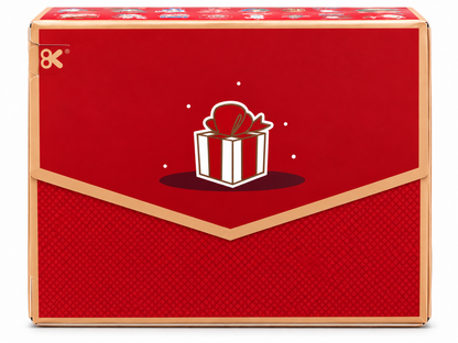 Back of POP MART Labubu Christmas fridge magnet blind box featuring festive red packaging and Christmas gift illustration.