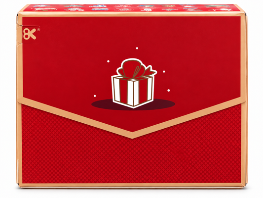 Back of POP MART Labubu Christmas fridge magnet blind box featuring festive red packaging and Christmas gift illustration.
