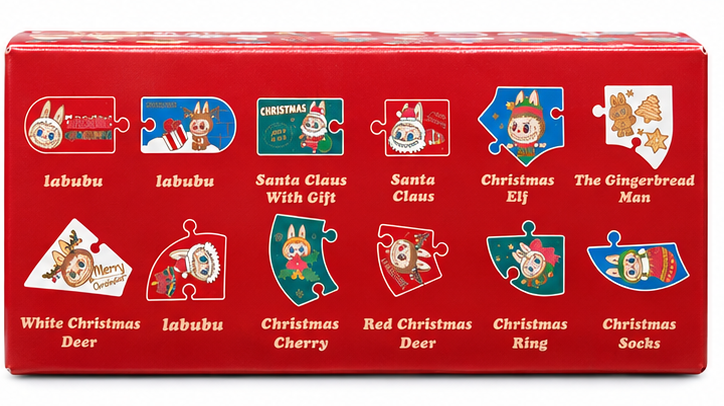 POP MART Labubu Let's Christmas fridge magnet collection showing 12 festive designs including Santa Claus, Christmas Elf and Gingerbread Man.