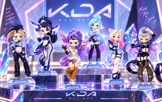 POP MART K/DA ALL OUT collectible figures displayed together with Akali, Ahri, Evelynn, Kai’Sa and Seraphine