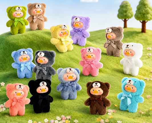 Lulu Piggy plush dolls in colourful teddy bear costumes with matching ribbon bows, displayed together on a grassy hill with trees and flowers. Blind Box
