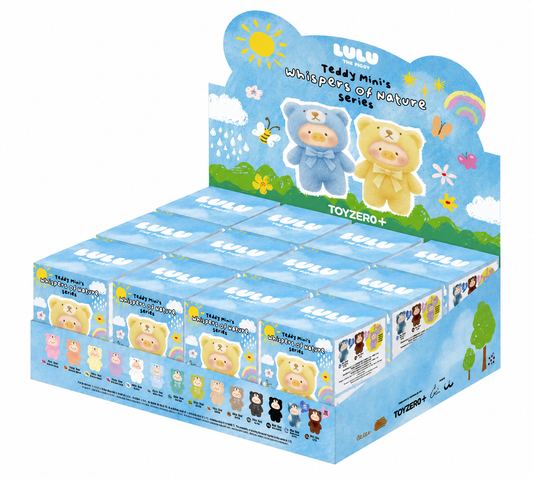 Lulu the Piggy Teddy Mini’s Whisperers of Nature Series blind box display case with individual boxed figures and colourful bear costume character designs. Blind Box