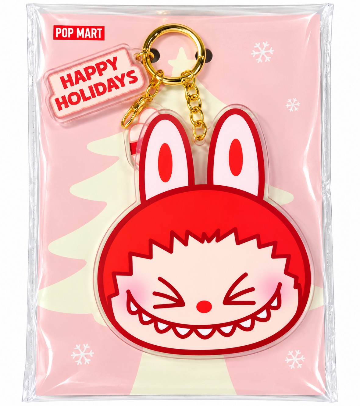 Pop Mart POP BEAN Christmas Series Labubu small mirror keychain, featuring red Labubu design, gold keyring and Happy Holidays charm in sealed festive pink packaging.