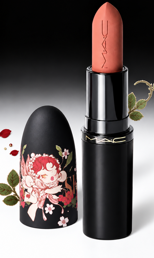 Limited-edition M·A·C x POP MART SKULLPANDA floral lipstick cap featuring illustrated character artwork