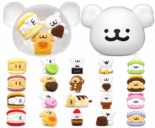 Funism Maltese Sweet Box Series showing the white puppy-head collectible capsule, three miniature surprise figures inside and the complete line-up of 20 dessert-themed designs.