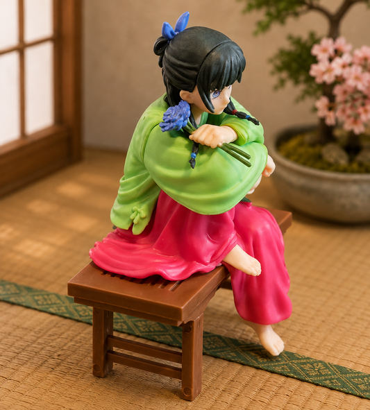 Side view of Maomao Apothecary Diaries figure seated on wooden bench holding blue flower