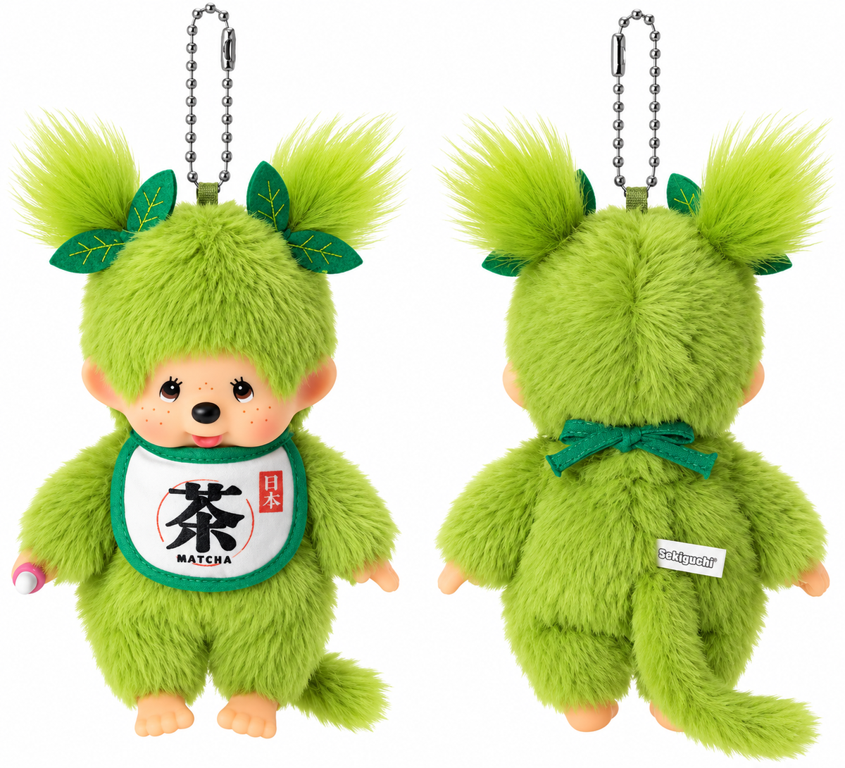 Front and back views of the Japanese Monchhichi Matcha Girl plush keychain showing green fur, silver ball-chain, leafy hair accessories and Sekiguchi branding.