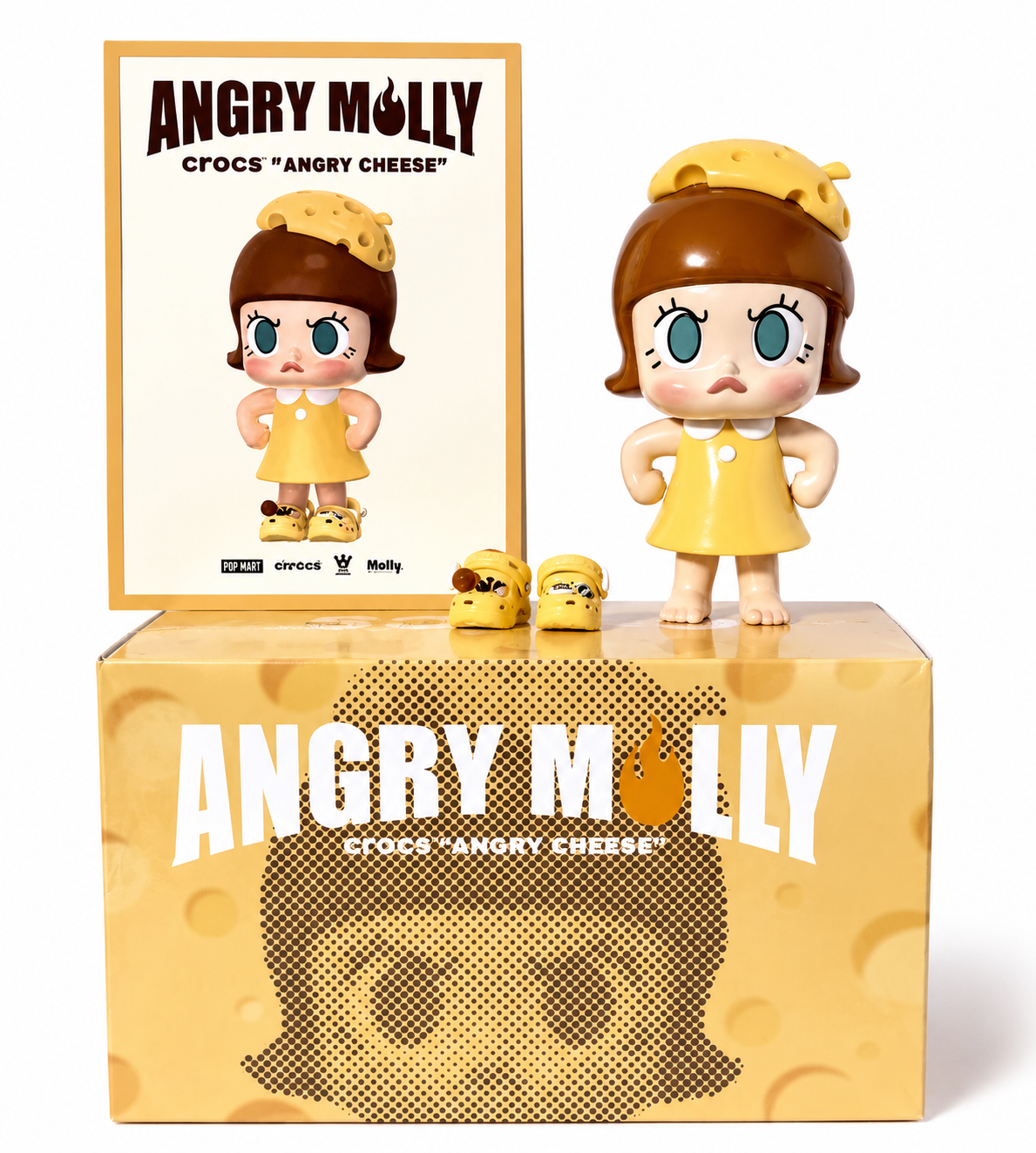 POP MART Angry MOLLY x Crocs Angry Cheese 16cm figure with original box and accessories on white background
