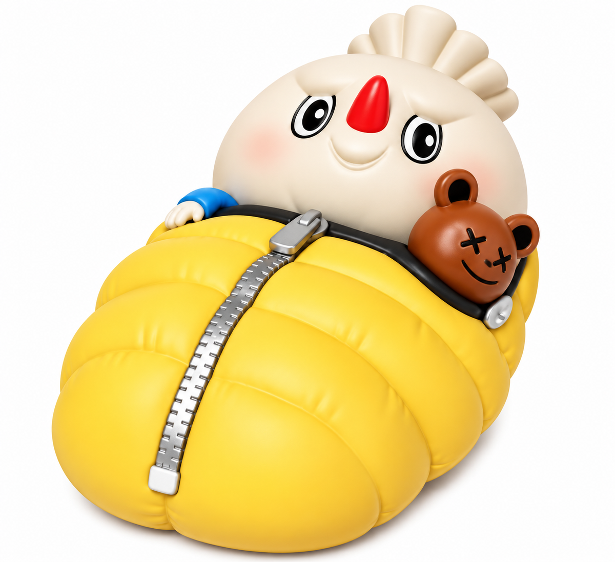 POP MART The Monsters Camping Series Spooky Sleeping Bag 2020 collectible figure featuring Spooky in a yellow sleeping bag with brown teddy bear.