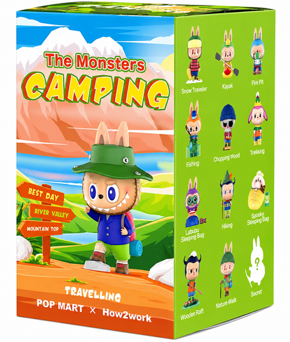 Original POP MART × How2work The Monsters Camping Series 2020 collector's box showing Labubu camping artwork and collection characters.