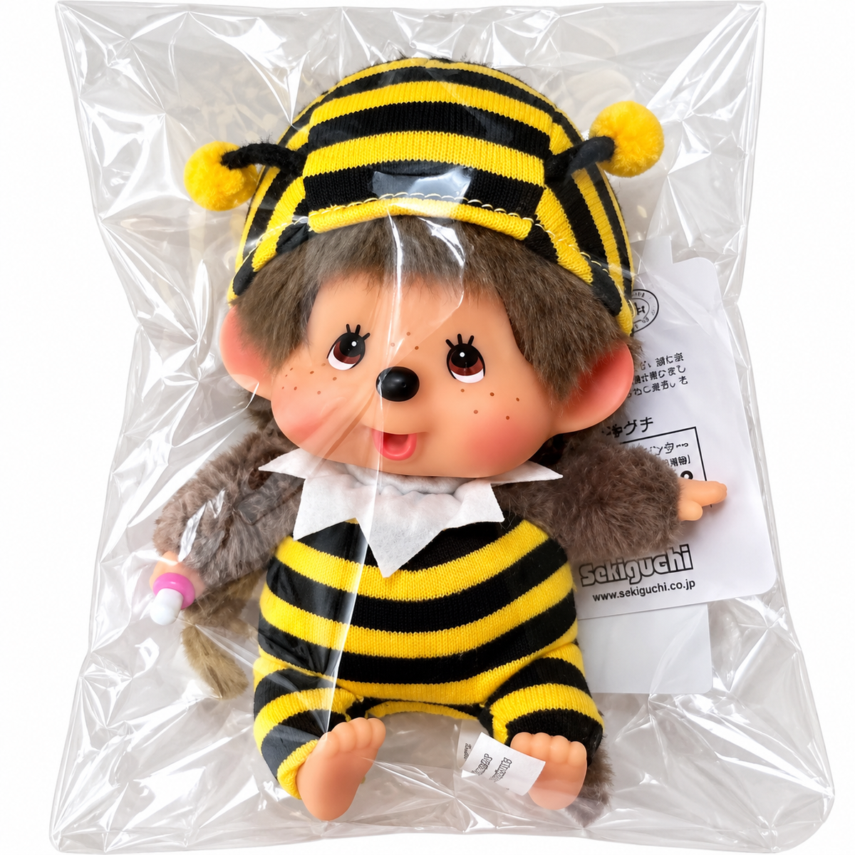 Brand-new Monchhichi Honey Bee plush keychain in protective packaging with original Sekiguchi tags.