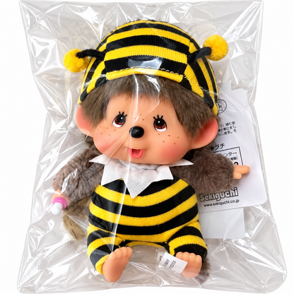 Brand-new Monchhichi Honey Bee plush keychain in protective packaging with original Sekiguchi tags.