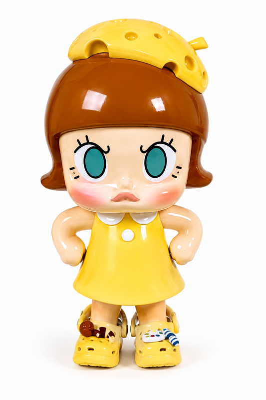 POP MART Angry MOLLY x Crocs Angry Cheese 16cm collectible figure wearing yellow Crocs on white background