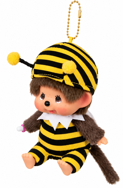 Side view of Monchhichi Honey Bee plush keychain showing its striped bee costume, fluffy brown tail and gold-tone ball chain.