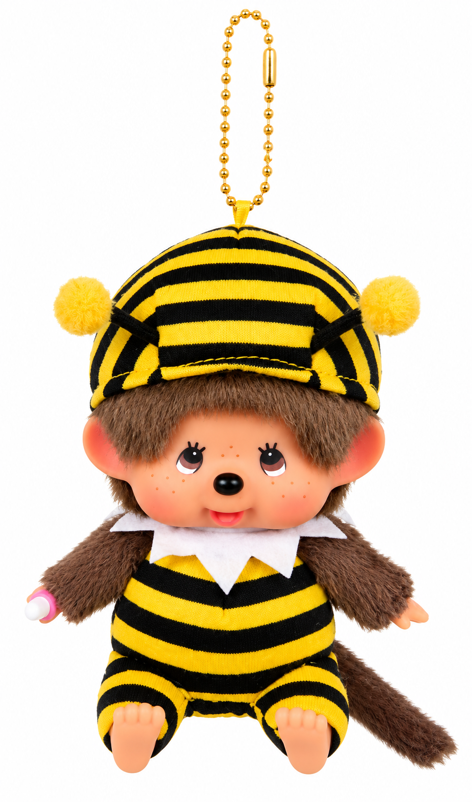 Monchhichi Honey Bee plush keychain by Sekiguchi Japan wearing a yellow and black striped bumblebee outfit with pom-pom antennae.