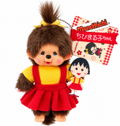 Sekiguchi Monchhichi × Chibi Maruko-chan plush bag charm featuring soft brown fur, red and yellow outfit, miniature fabric Maruko doll and original Japanese collaboration tags.