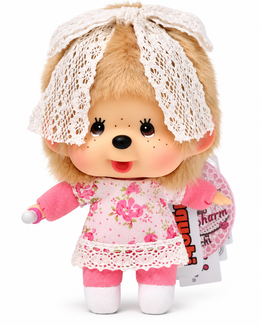 Rare Sekiguchi Monchhichi Big Face Fashion Charm Pink Drop in pink floral outfit with white lace bow and original tags