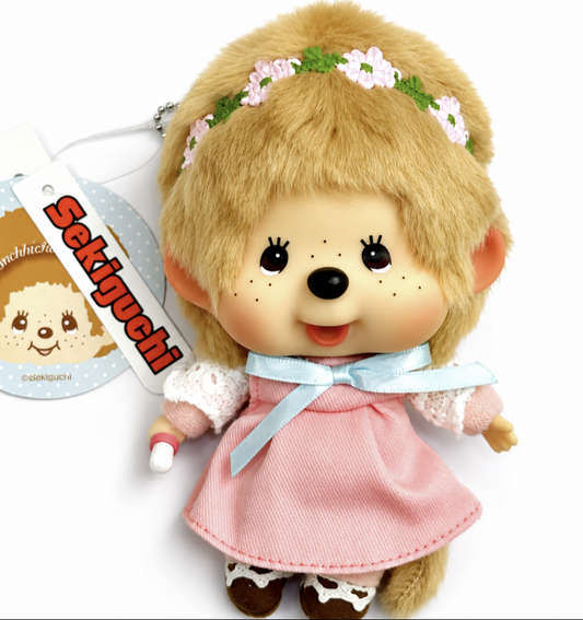 Sekiguchi Monchhichi Big Face Fashion Charm Lacey Dream in pink dress with floral headband and original tags