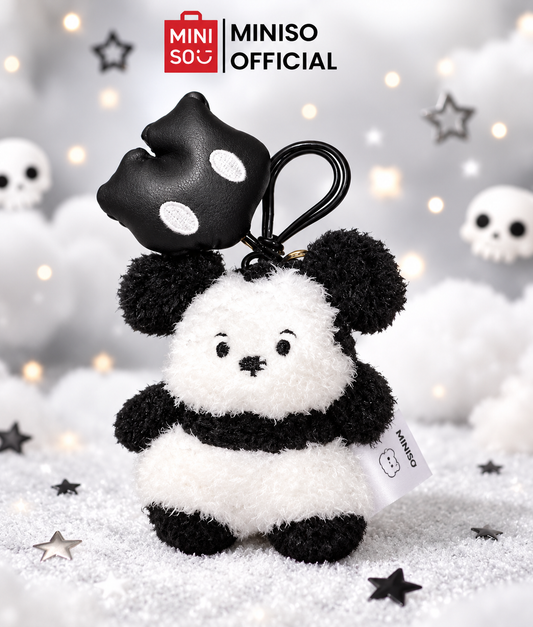Official MINISO × Disney Mickey Mouse Fun Life Collection black and white fluffy plush bag charm with decorative pendant and hanging clip.