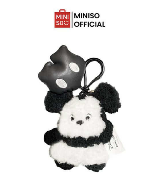 MINISO × Disney Mickey Mouse Fun Life 10cm plush bag charm featuring fluffy black and white fabric, black hanging clip and decorative charm on a white background.