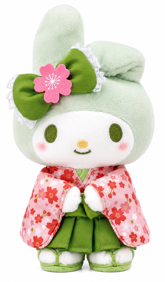 Sanrio My Melody Matcha Kimono plush by Nakajima Japan wearing a pink sakura kimono and green skirt