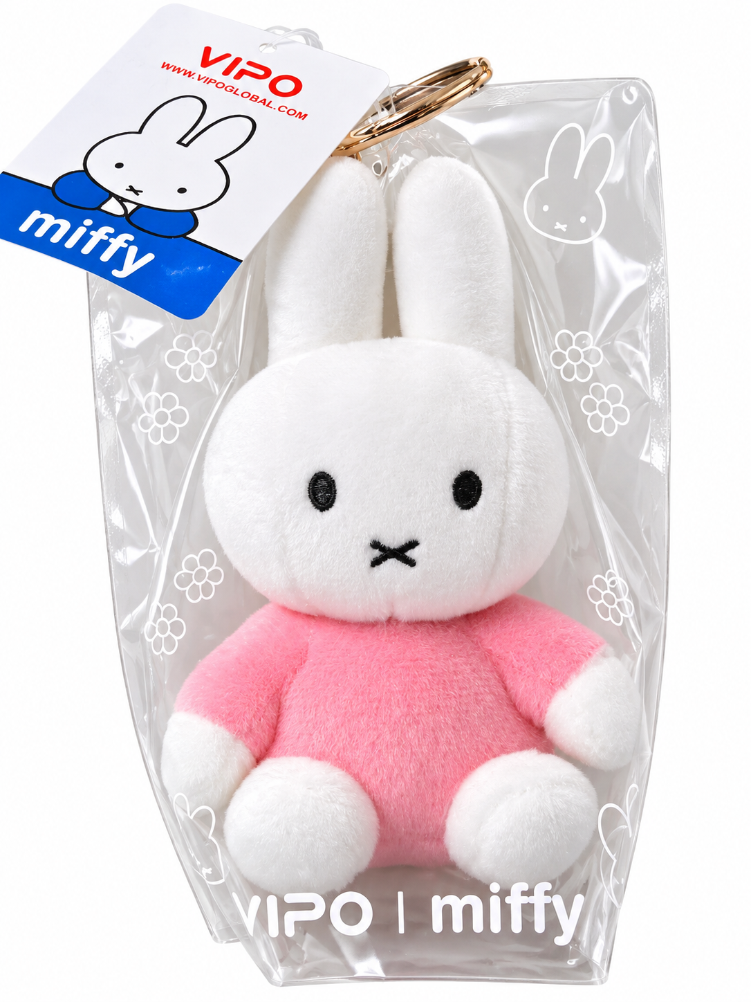 Official VIPO × Miffy Colorful Pink plush bag charm in original branded transparent packaging with Miffy swing tag and gold-tone keyring.