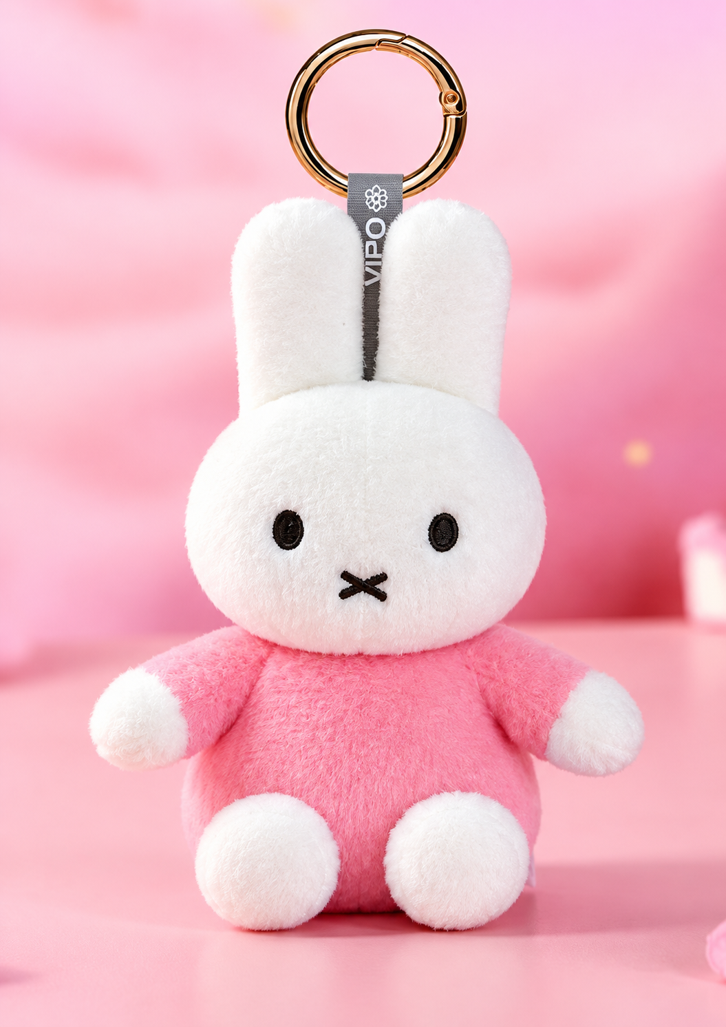 Adorable VIPO Miffy pink plush bunny bag charm featuring soft white fur, pastel pink outfit and gold-tone keyring against a dreamy pink background.
