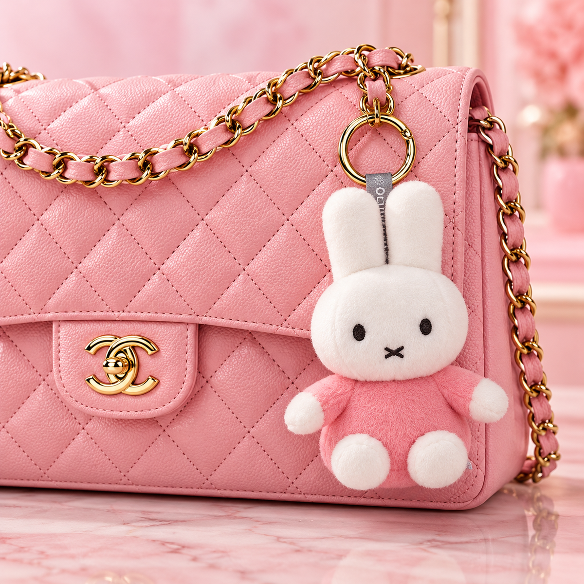 VIPO Miffy Colorful Pink plush bag charm displayed on a luxury pink quilted Chanel handbag with gold chain detailing, demonstrating its use as a fashionable handbag accessory.