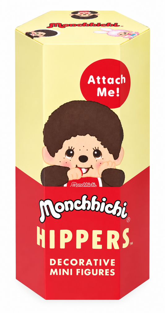 Monchhichi HIPPERS 2025 decorative mini figure blind box packaging featuring Monchhichi character design