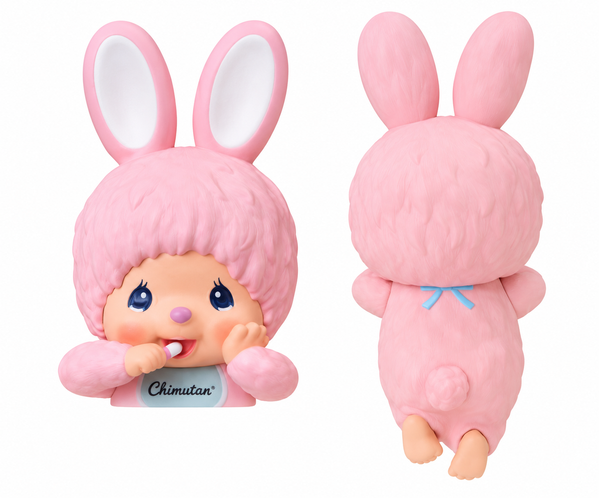 Monchhichi HIPPERS Chimutan Pink bunny figure showing front and back views with pink ears and blue bow