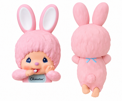 Monchhichi HIPPERS Chimutan Pink bunny figure showing front and back views with pink ears and blue bow