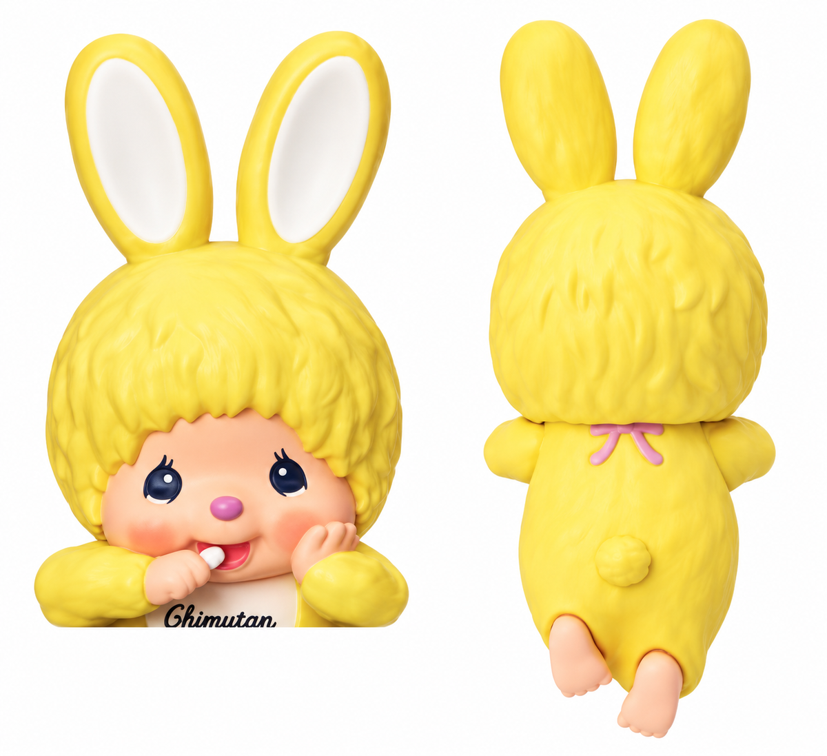 Monchhichi HIPPERS Chimutan Yellow bunny figure showing front and back views on white background