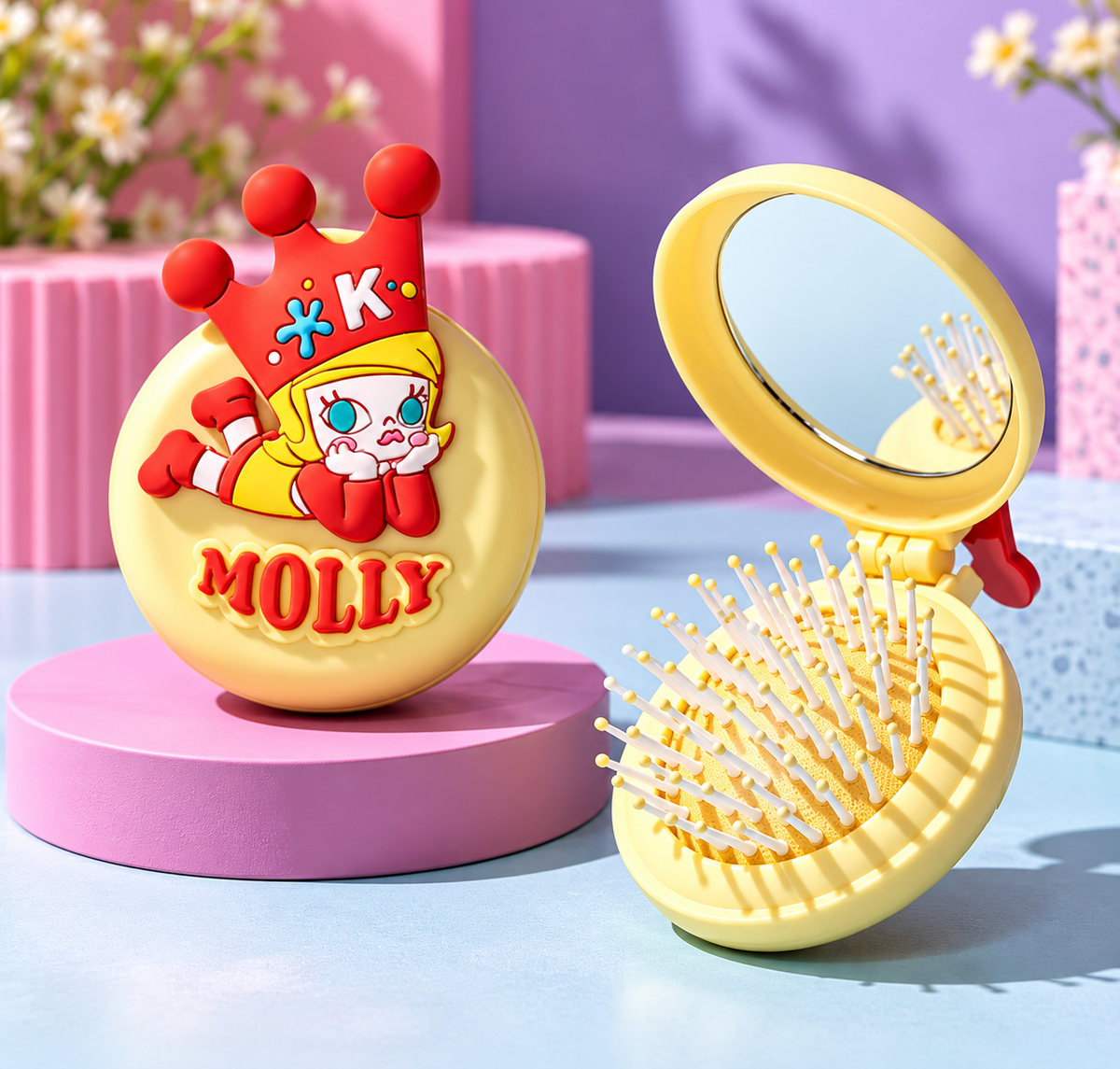 Pop Mart Molly pastel-yellow folding hairbrush with red crown decoration, shown closed and open to reveal the mirror and cushioned brush.