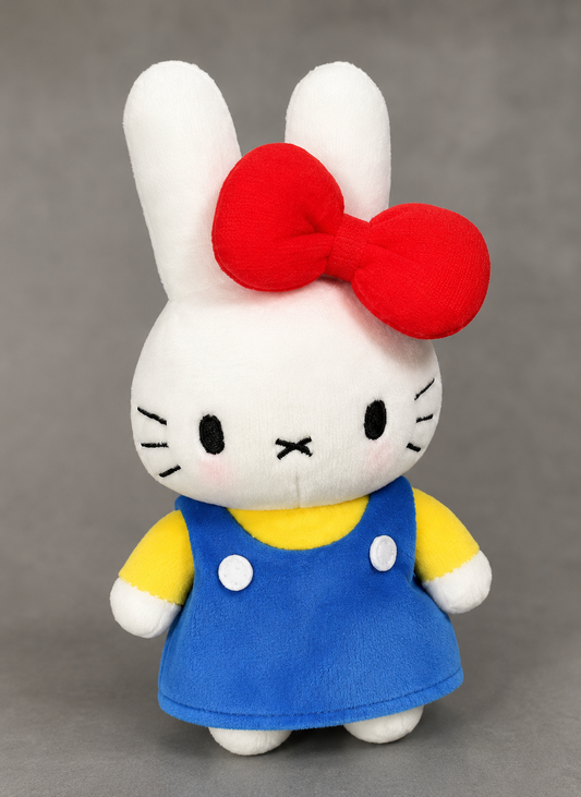 White Miffy and Hello Kitty inspired mini bunny plush with red bow, yellow top and blue dress.