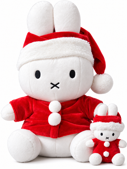 Miffy Santa Claus Christmas plush toys in two sizes, 12cm and 33cm, displayed together wearing matching red and white festive Santa outfits.