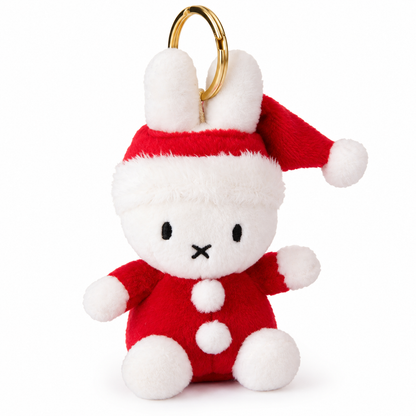 Small 12cm Miffy Christmas plush dressed in a red Santa Claus outfit with white trim and matching Santa hat, featuring a gold hanging ring.