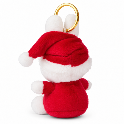 Back view of the 12cm Miffy Santa Christmas plush showing the red festive outfit, matching Santa hat and gold hanging ring.