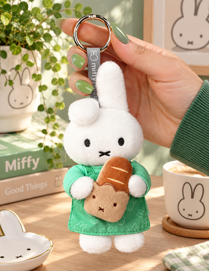 VIPO Miffy Bakery Series Dan with Baguette white bunny plush keychain in green bakery outfit