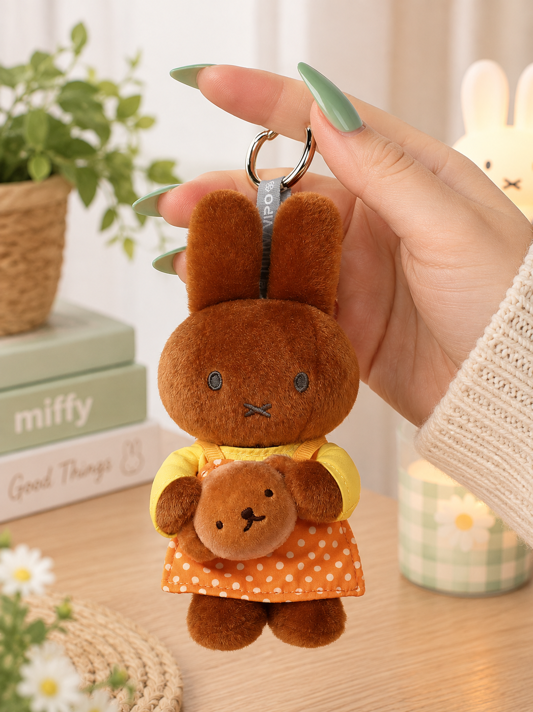 VIPO Miffy Bakery Series Melanie with Bun brown bunny plush keychain in yellow and orange bakery outfit