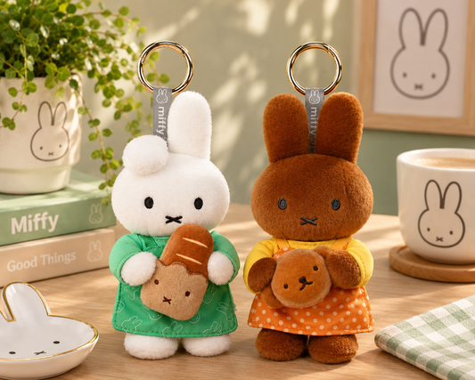 VIPO x Miffy Bakery Series Dan with Baguette and Melanie with Bun plush keychains displayed together in a Miffy-themed setting.