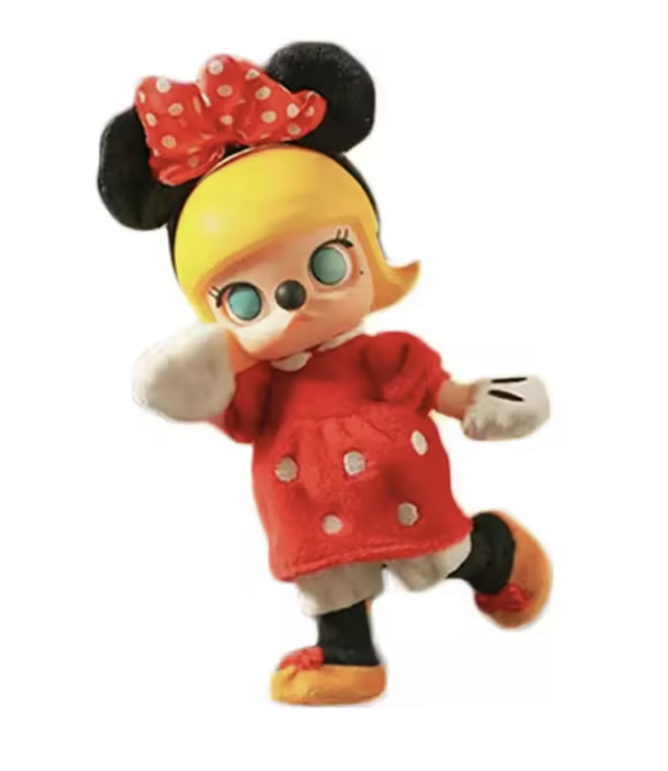 POP MART x Disney MOLLY Minnie Mouse BJD doll in red polka dot dress on display stand