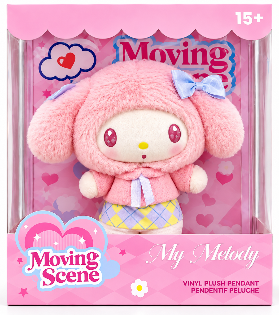 MINISO Sanrio My Melody Moving Scene vinyl plush pendant displayed in its original pink presentation box with decorative hearts and pastel packaging.