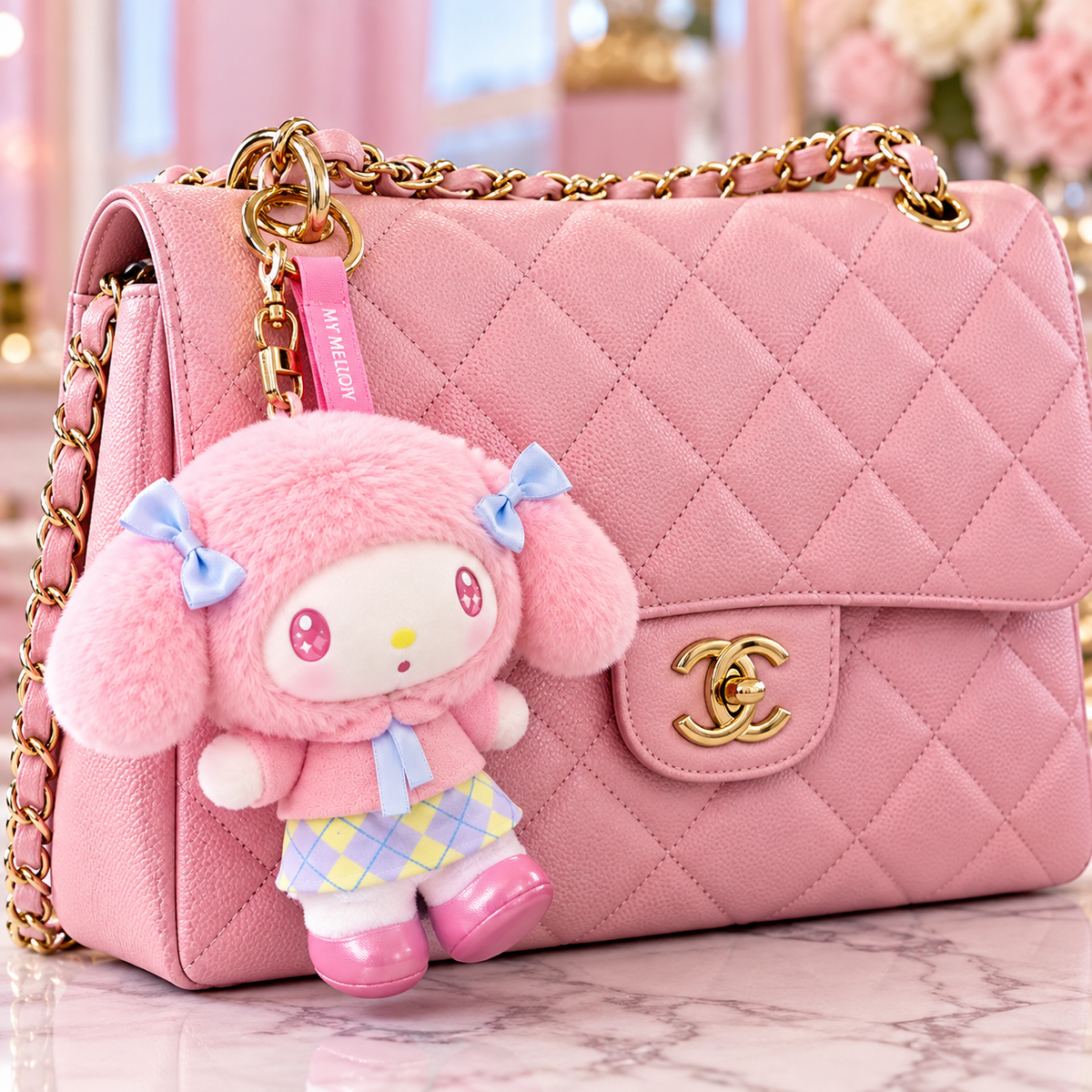 MINISO Sanrio My Melody Moving Scene pink vinyl plush pendant bag charm hanging from a pink quilted Chanel handbag with gold chain strap and CC logo. Features fluffy pink ears, pastel blue bows, a checked skirt and pink shoes.