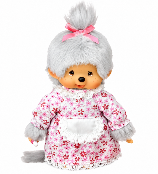 Sekiguchi Monchhichi Grandma 20cm plush doll wearing pink floral dress and white apron
