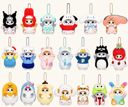 Mofusand cat plush keychains dressed as Sanrio characters including Kuromi, My Melody, Cinnamoroll, Hello Kitty, Pompompurin, Keroppi and Badtz-Maru.