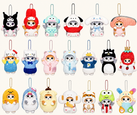 Mofusand cat plush keychains dressed as Sanrio characters including Kuromi, My Melody, Cinnamoroll, Hello Kitty, Pompompurin, Keroppi and Badtz-Maru.