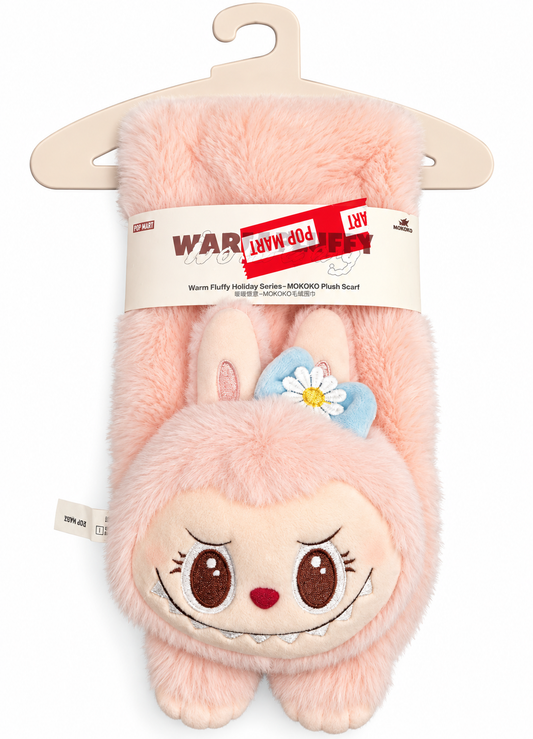POP MART POP LAND Exclusive MOKOKO Warm Fluffy Holiday Series pink plush scarf with original hanger and packaging