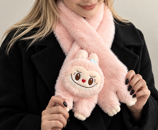 POP LAND MOKOKO pink plush scarf worn with a black winter coat showing the fluffy character design