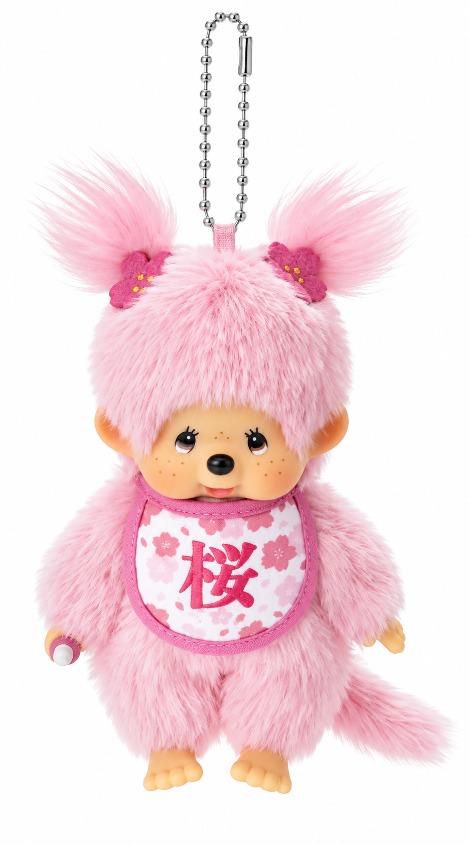 Official Sekiguchi Sakura Monchhichi Girl plush keychain featuring fluffy pink fur, cherry blossom hair accessories, twin ponytails and Sakura floral bib.